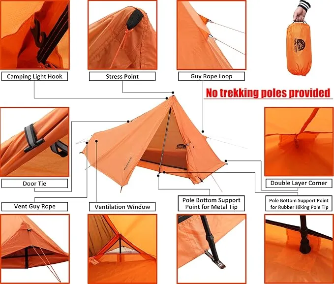 1 Person Trekking Pole Tent for Backpacking - Ultralight Backpacking Tent, Waterproof Hiking Tent for Camping, Lightweight Camping Tent for Scouts, Trekker(NO Trekking Poles!!!)