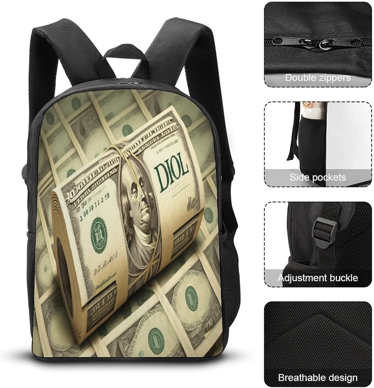 100 Dollar Backpack with Adjustable Straps, Suitable for Travel Picnics Activities
