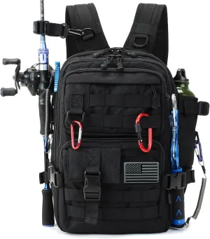 1000D Small Fishing Backpack with Flag - Compact Water-Resist Bag with Rod Holder - Storage Tackle Box, Fishing Gear Gifts (Black with Flag)