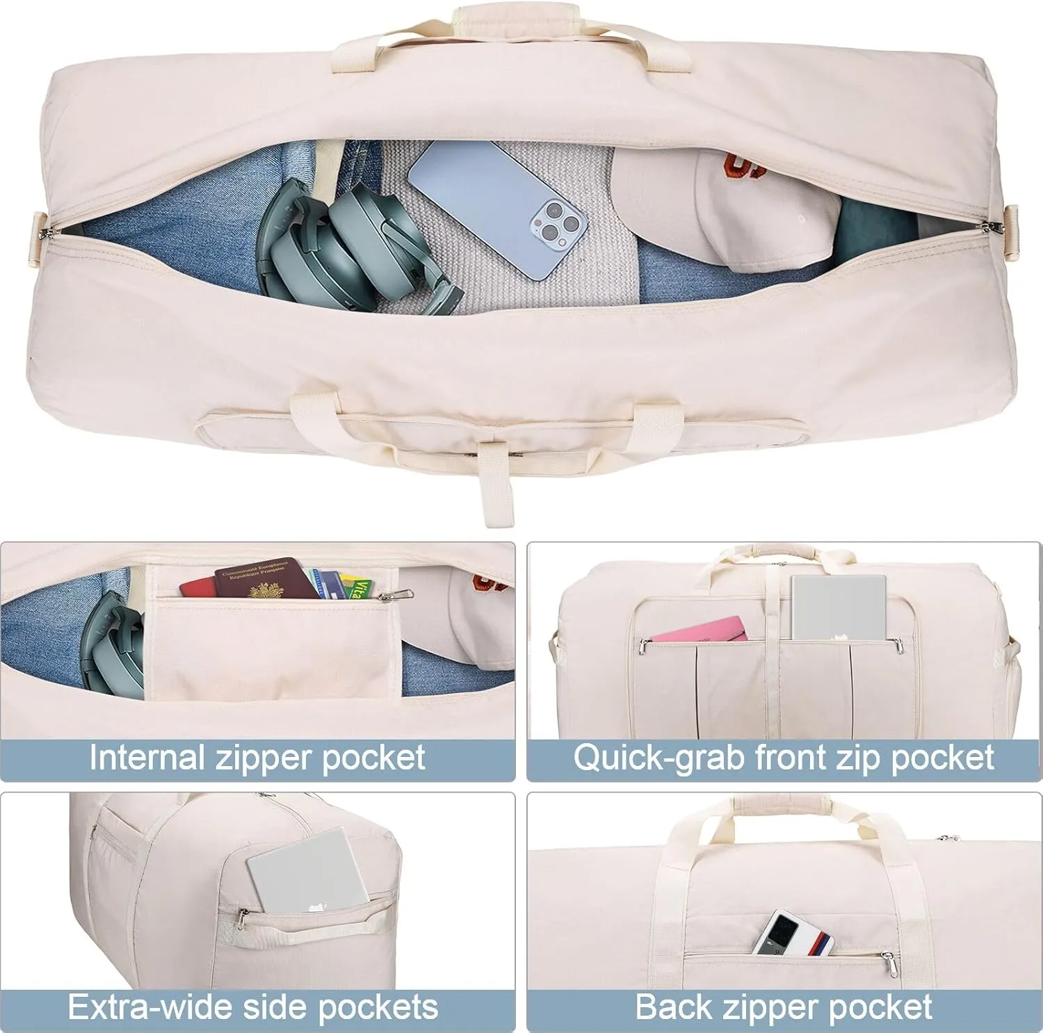 120L Travel Duffle Bag for Men and Women, Urtala 34” Large Duffle Bag for Traveling with Shoe Compartment, Foldable Duffel Bag Water & Tear Resistant (Beige)