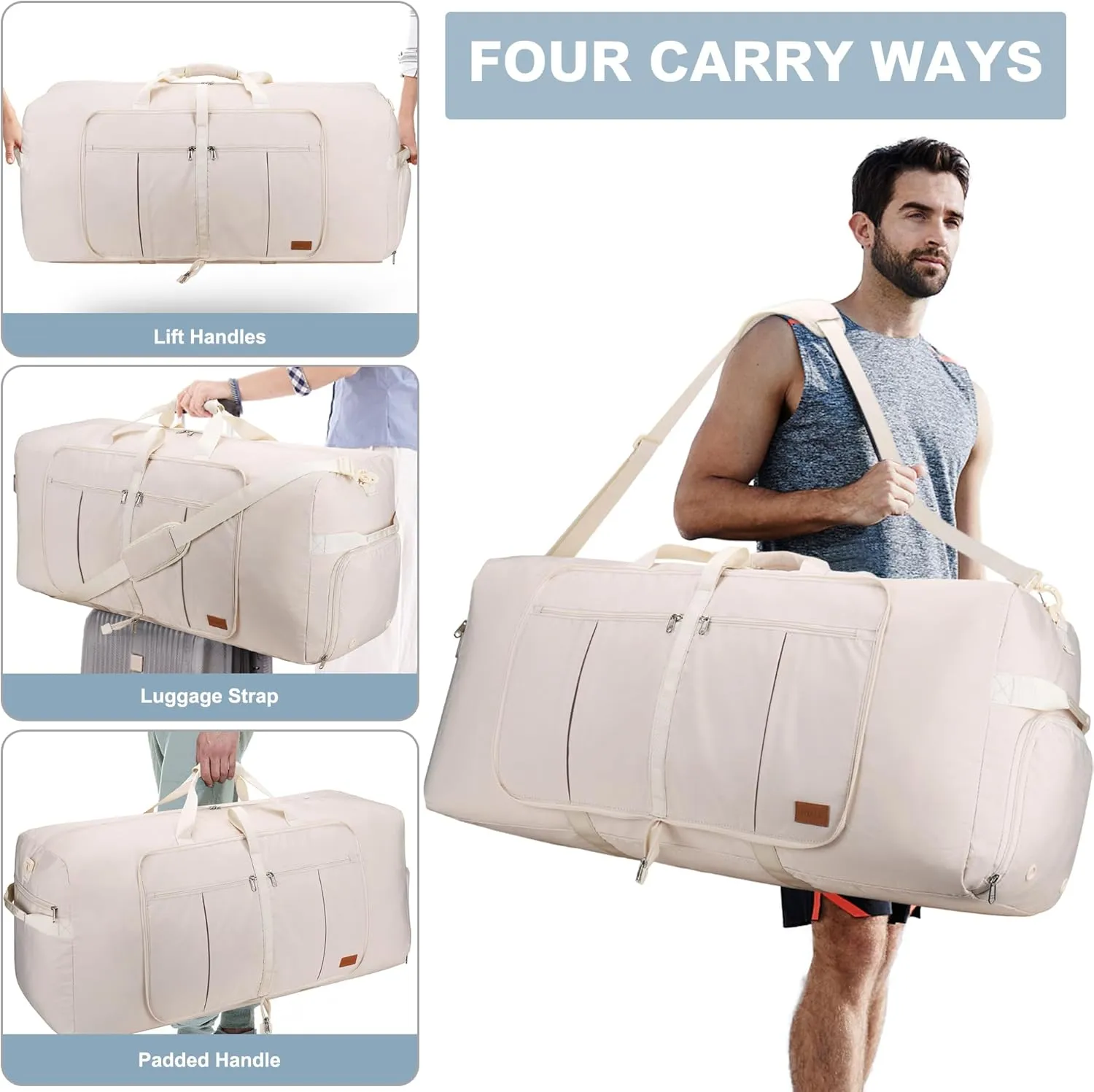 120L Travel Duffle Bag for Men and Women, Urtala 34” Large Duffle Bag for Traveling with Shoe Compartment, Foldable Duffel Bag Water & Tear Resistant (Beige)