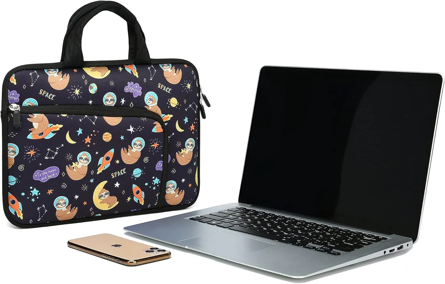 14 15 15.4 15.6 inch Laptop Handle Bag Computer Protect Case Pouch Holder Notebook Sleeve Neoprene Cover Soft Carrying Case with Extra Pockets For Dell Lenovo HP Chromebook (Space Sloth)