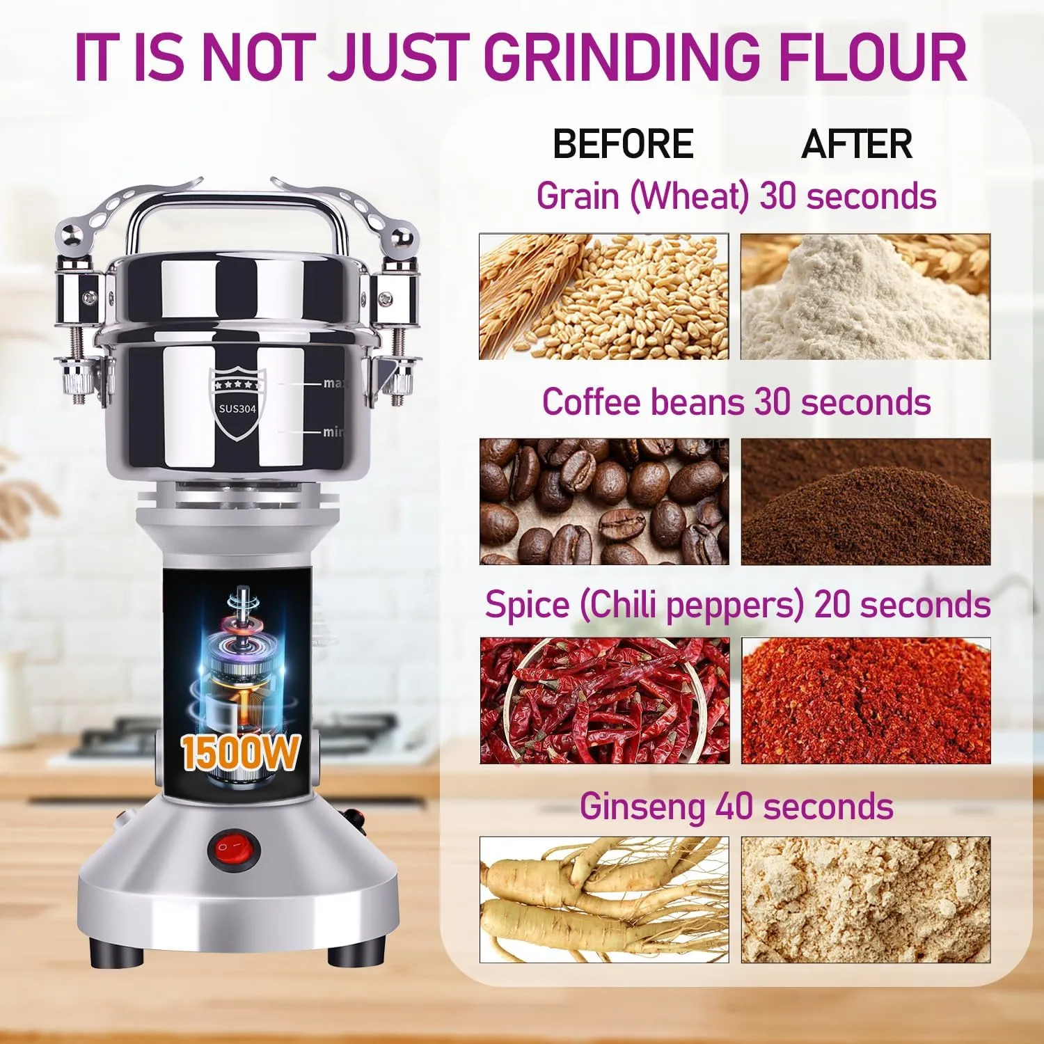 150g Grain Mill, 304 Stainless Steel Spice Grinder, 1500W High-speed Commercial Flour Mill, Superfine Flour Mill Grinder for Home, Grain Mill for Flour