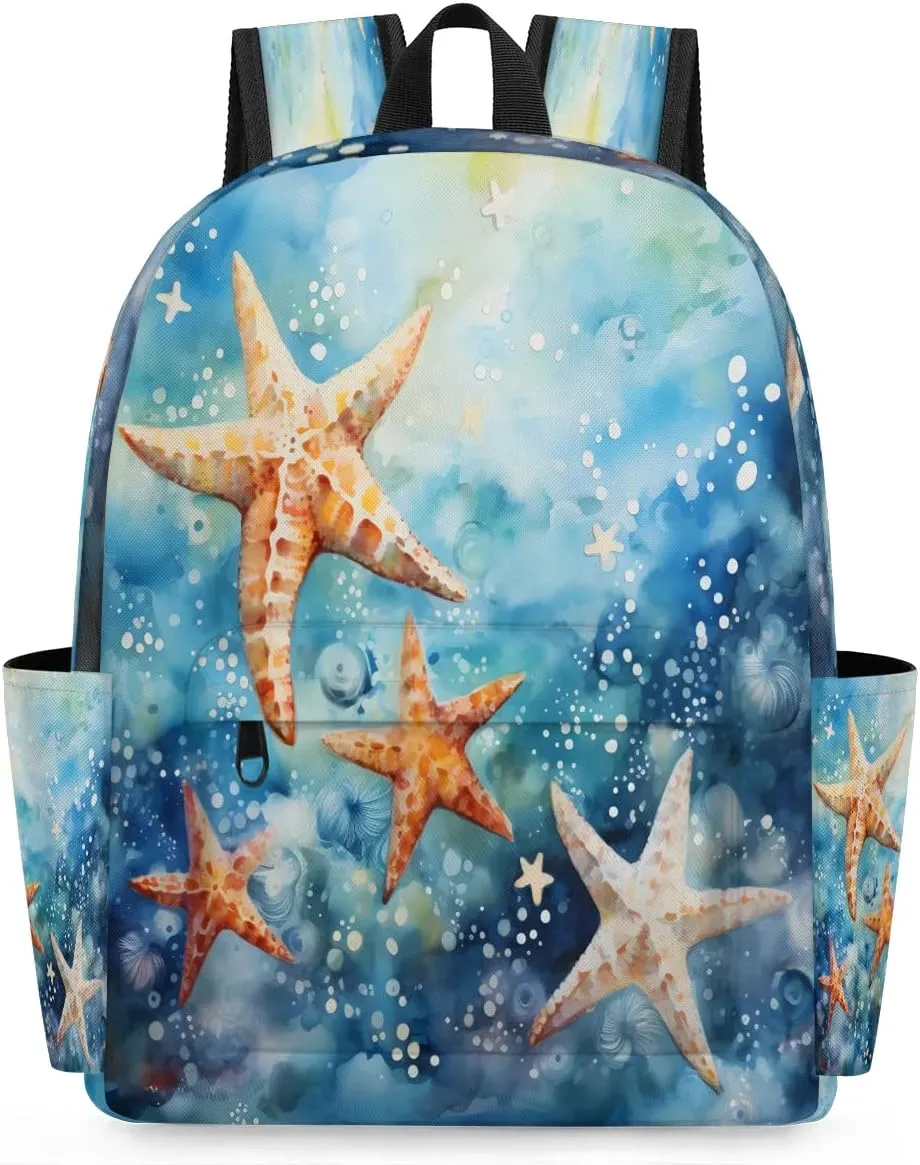 15.1 Inch Casual Backpack Marine Starfishes Small Backpack with Multiple Pocket Waterproof Mini Bags Daypack with Chest Strap Starfish Travel Bag