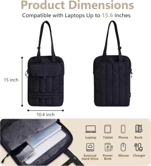 15.6 Inch Laptop Shoulder Bag, Vertical Puffy Laptop Sleeve for MacBook Pro/Air M4/M3/M2/M1 (2024-2019), iPad Pro/Air/Mini, Handle Carrying Case with Back Luggage Strap (Black)
