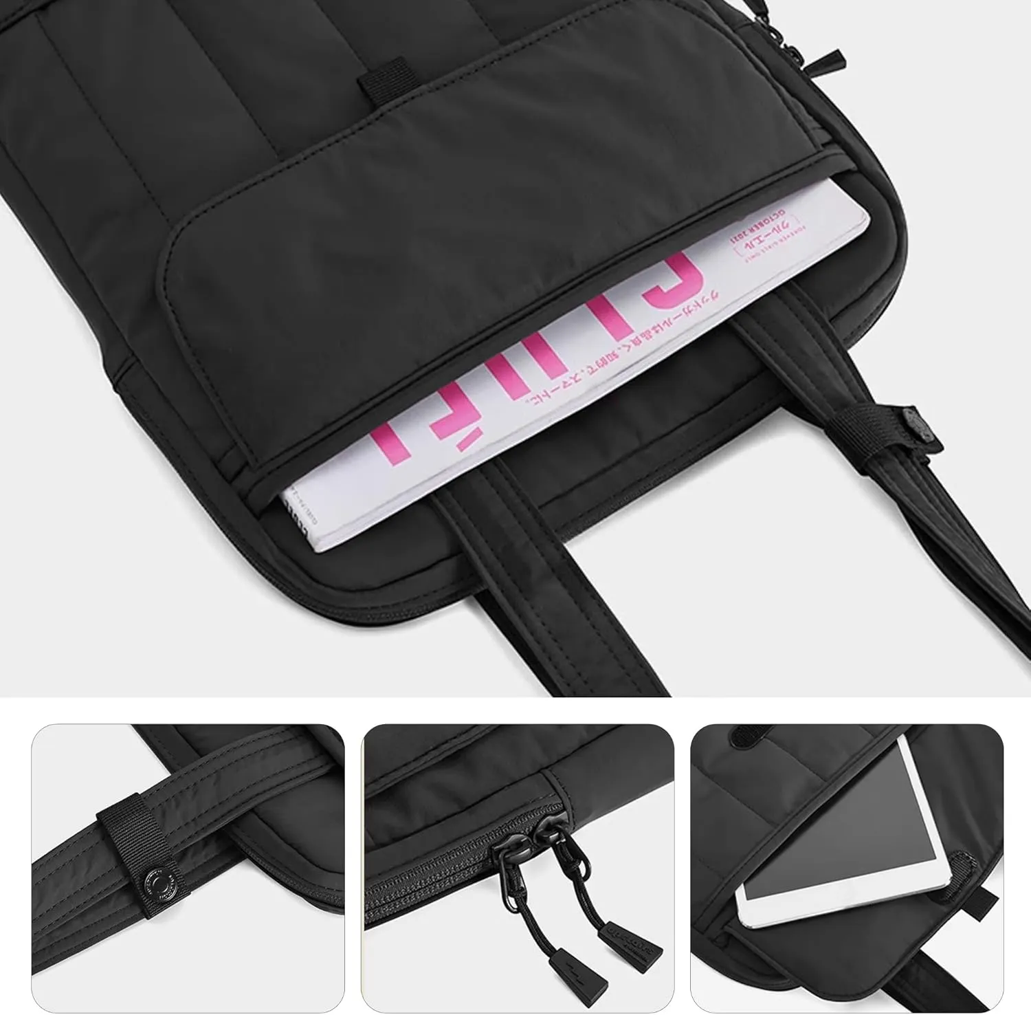 15.6 Inch Laptop Shoulder Bag, Vertical Puffy Laptop Sleeve for MacBook Pro/Air M4/M3/M2/M1 (2024-2019), iPad Pro/Air/Mini, Handle Carrying Case with Back Luggage Strap (Black)