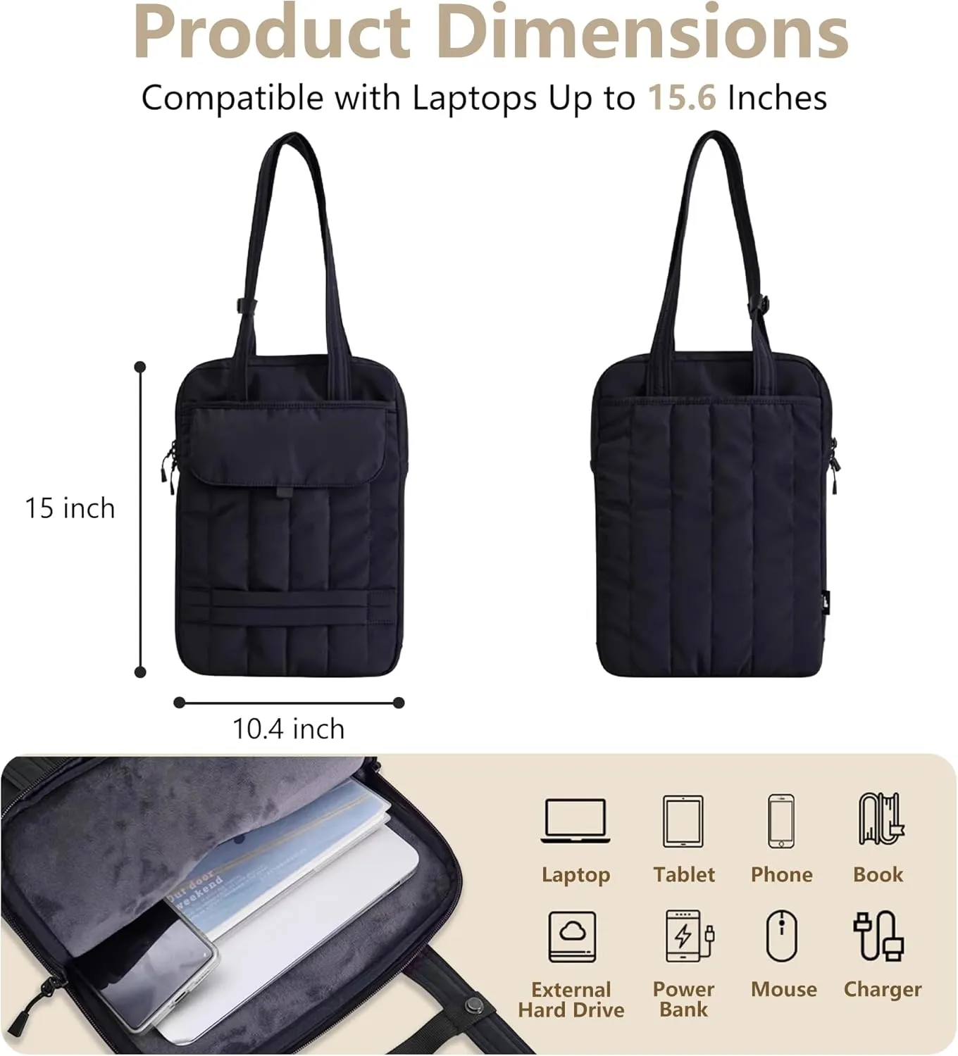 15.6 Inch Laptop Shoulder Bag, Vertical Puffy Laptop Sleeve for MacBook Pro/Air M4/M3/M2/M1 (2024-2019), iPad Pro/Air/Mini, Handle Carrying Case with Back Luggage Strap (Black)