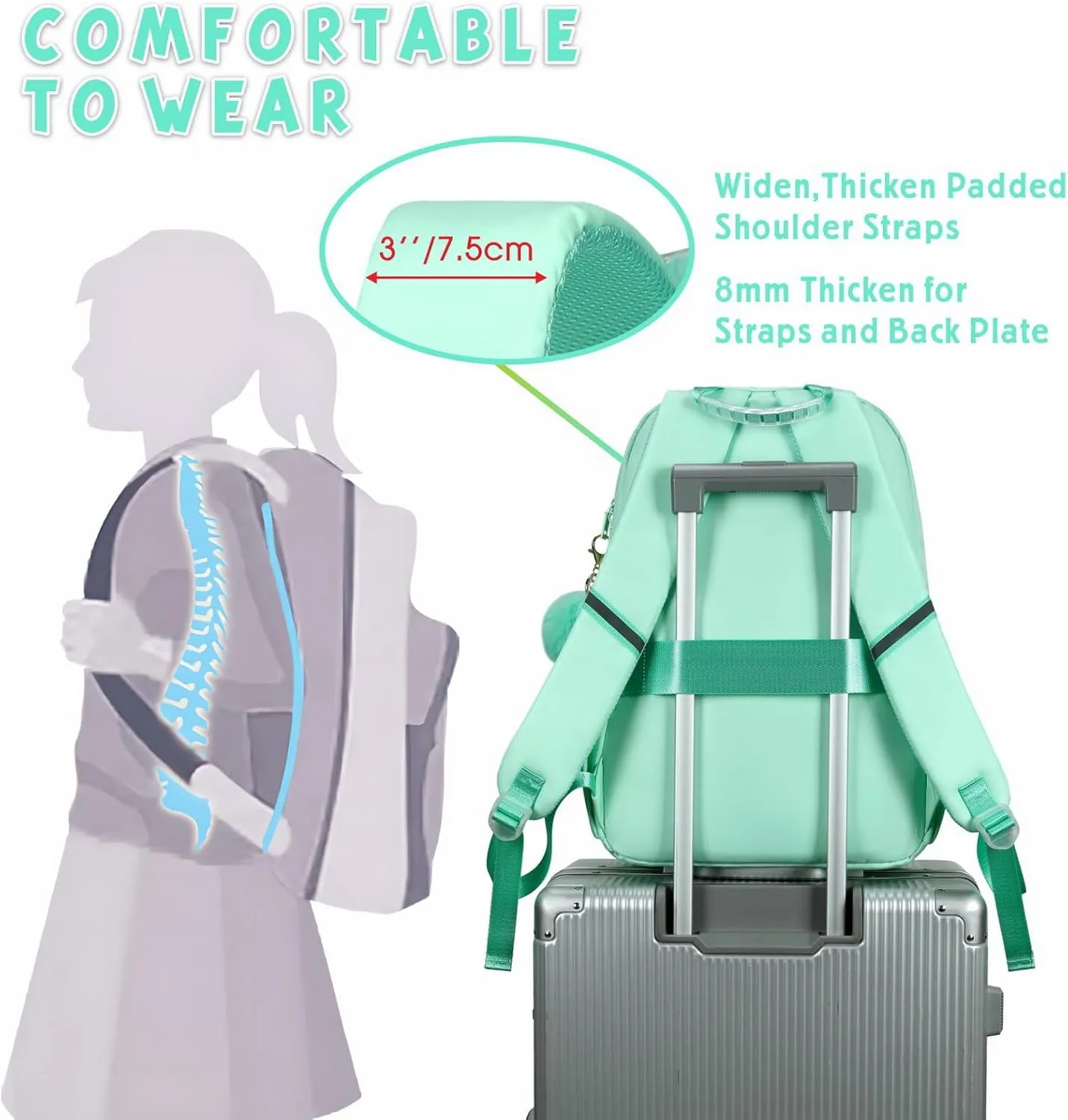 15.6 Laptop Backpack for Girls Bookbag College Middle High School Bag for Student Green Plain