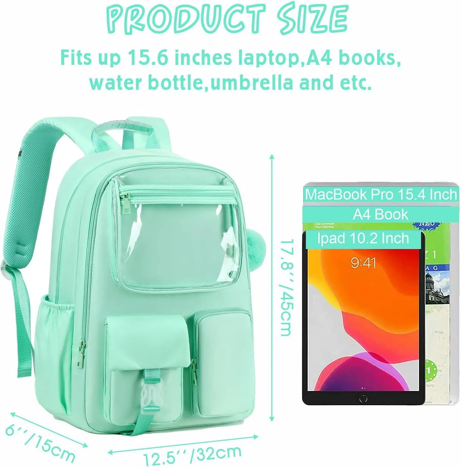 15.6 Laptop Backpack for Girls Bookbag College Middle High School Bag for Student Green Plain