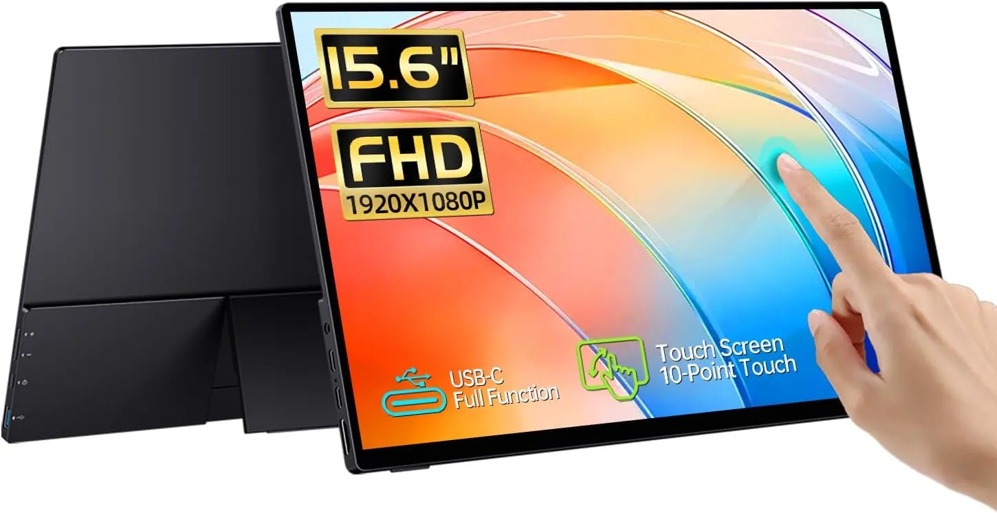 15.6'' Portable Monitor Touchscreen, FHD IPS Touch Screen with Tempered Glass, Travel Monitor with Kickstand & Speaker, HDMI USB C External Monitors for Laptop Phone Computer Xbox Switch