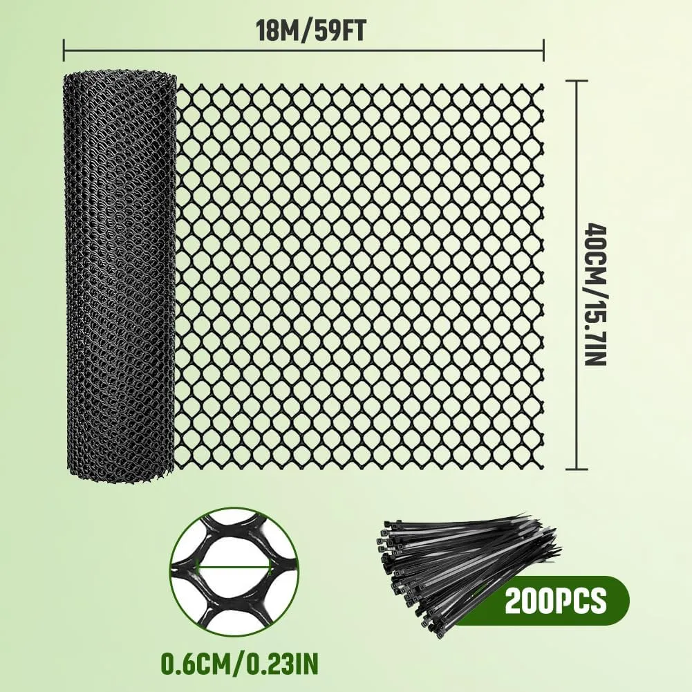 15.7IN x 59FT Plastic Wire Mesh Fence,Plastic Chicken Wire Mesh Fencin with 200pcs Twist Ties,Black Netting Snake Barrier for Poultry, Dogs,Rabbit Gardening Plant Protectors