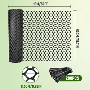 15.7IN x 59FT Plastic Wire Mesh Fence,Plastic Chicken Wire Mesh Fencin with 200pcs Twist Ties,Black Netting Snake Barrier for Poultry, Dogs,Rabbit Gardening Plant Protectors