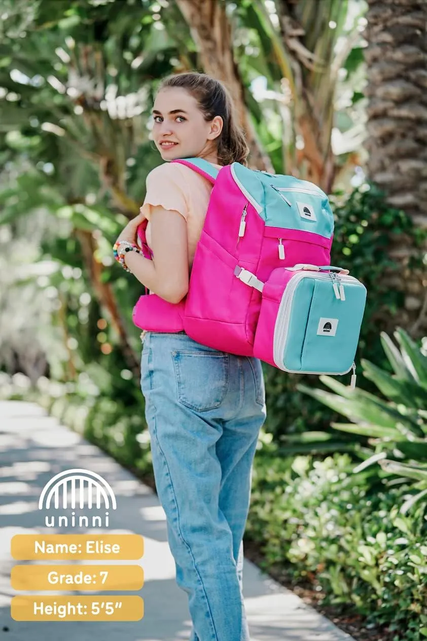 16" Kid's Backpack for Girls and Boys Age 6  with Padded, and Adjustable Shoulder Straps. Fits for Height 3'9" Above Kids (Color Block Fuchsia/Green)