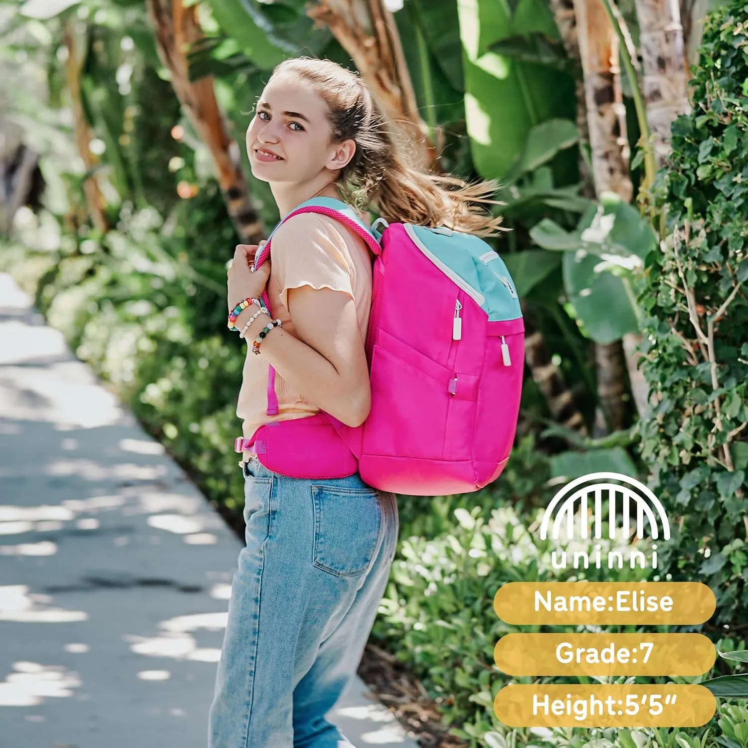 16" Kid's Backpack for Girls and Boys Age 6  with Padded, and Adjustable Shoulder Straps. Fits for Height 3'9" Above Kids (Color Block Fuchsia/Green)