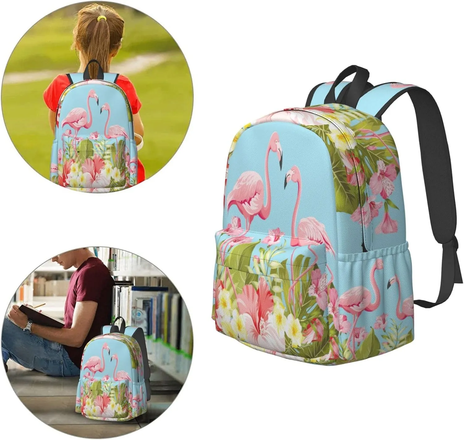 17 inch Backpack Flamingos in Tropical Hibiscus Laptop Backpack School Bookbag Shoulder Bag Casual Daypack