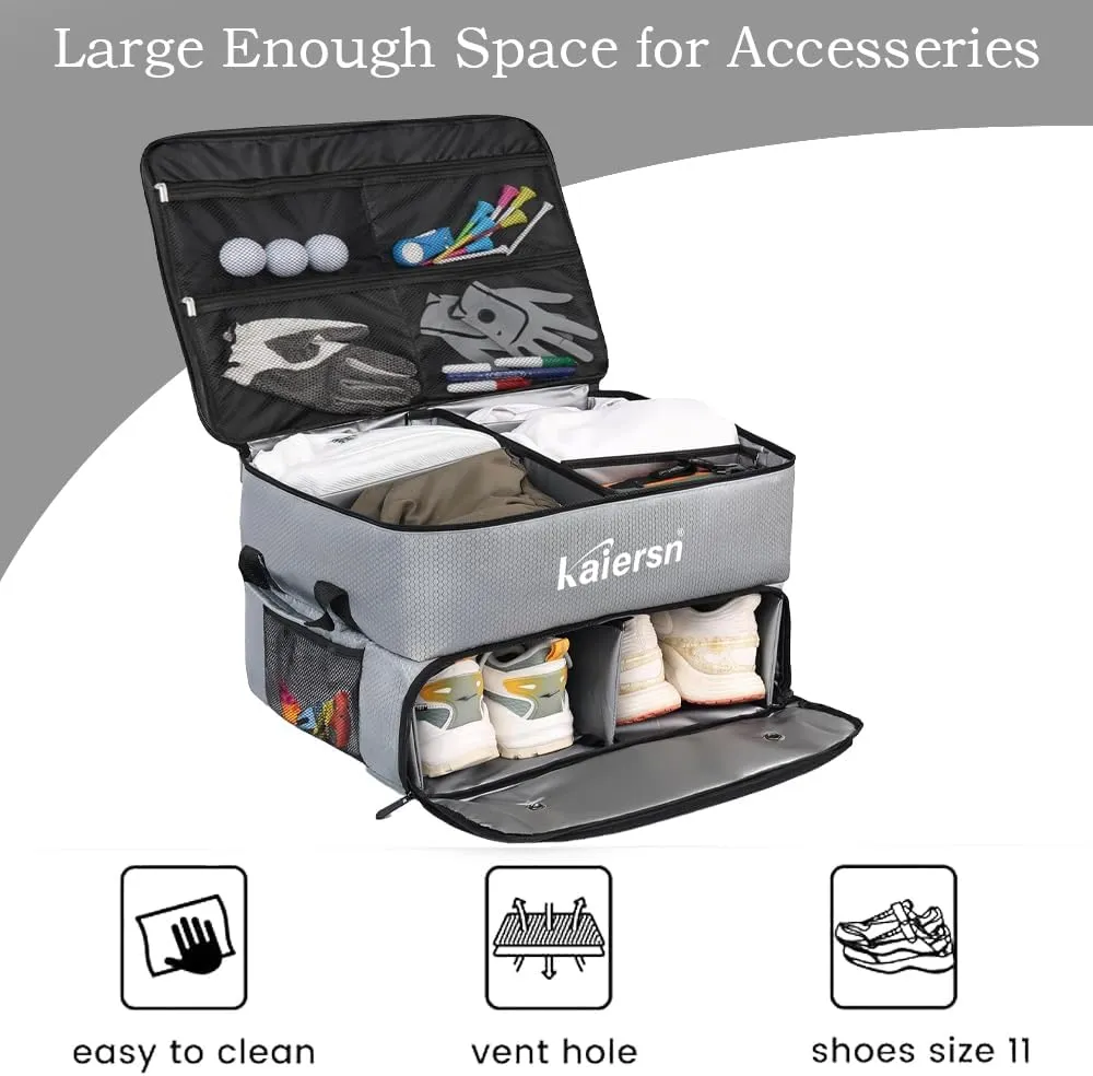 2 Layer Golf Trunk Organizer, Waterproof Car Golf Locker with Separate Ventilated Compartment for 2 Pair Shoes, Golf Trunk Storage for Balls, Tees, Clothes, Gloves, Accessories, Golf Gifts