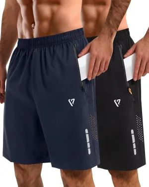 2 Pack Mens Athletic Shorts Quick Dry 7 Inch Running Shorts Breathable Mesh Gym Workout Shorts with Zipper Pockets
