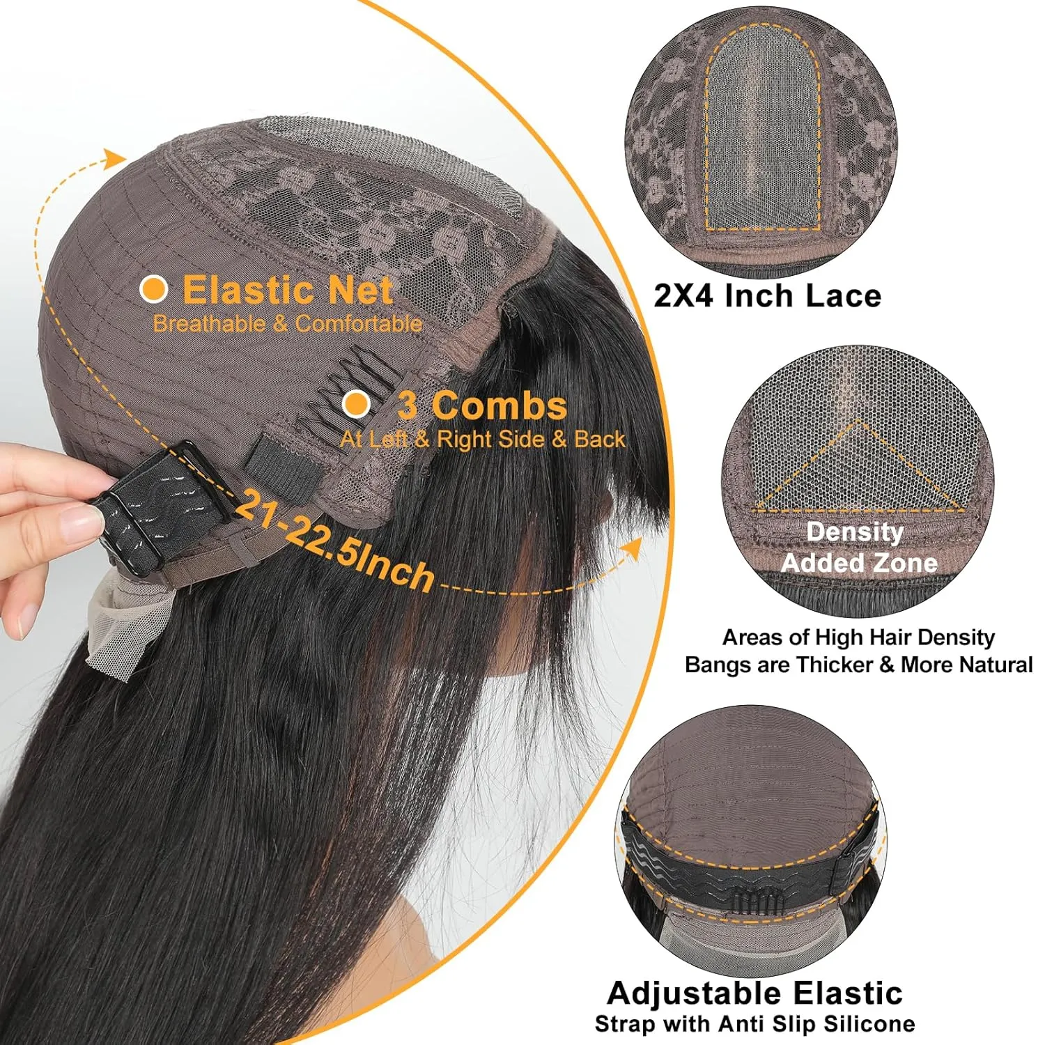 250 Density 2x4 HD Lace Front Wigs Human Hair Wigs with Bangs for Black Women Straight Wear and Go Glueless Lace Closure Wigs for Beginners 100% Brazilian Virgin Human Hair Middle Part 24 Inch