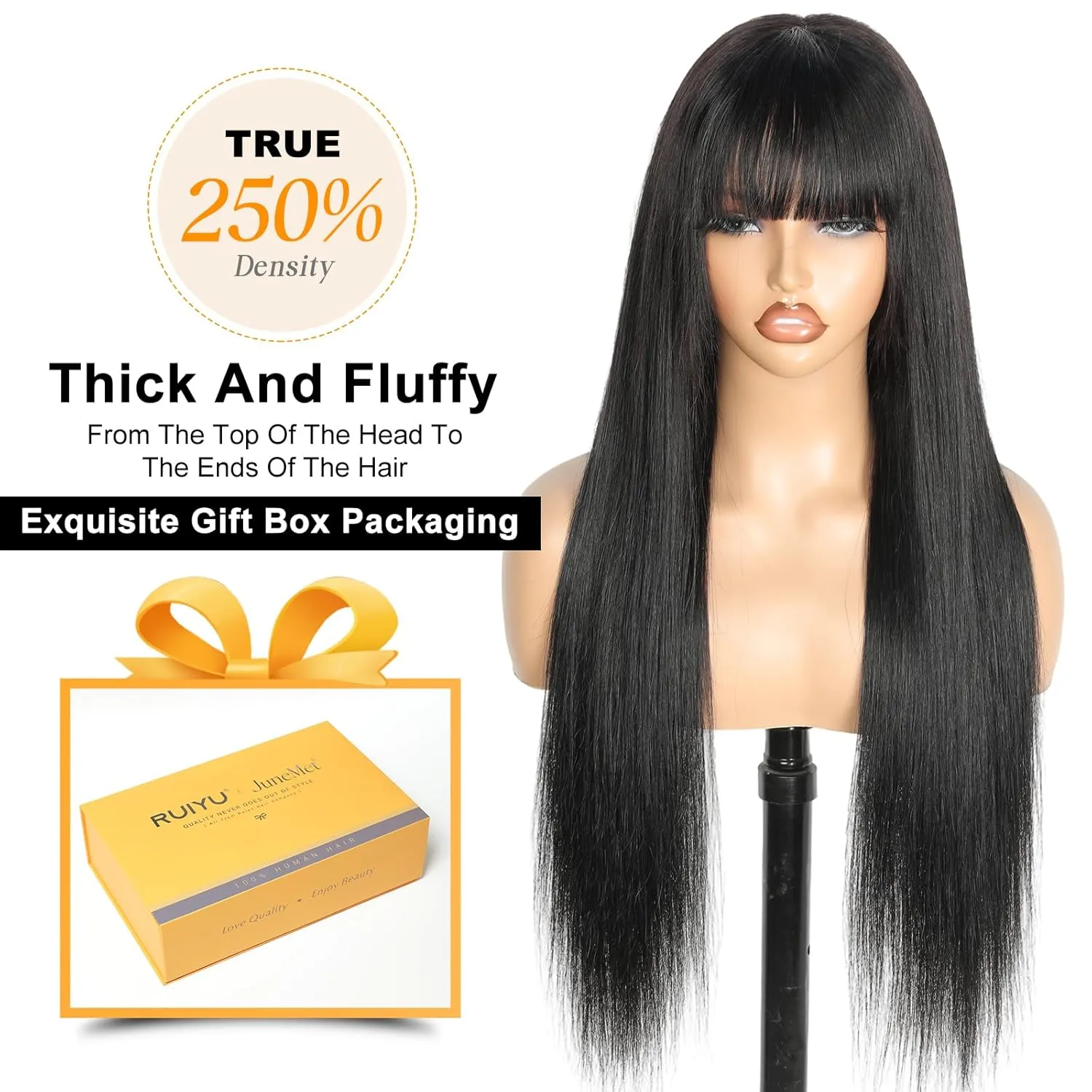 250 Density 2x4 HD Lace Front Wigs Human Hair Wigs with Bangs for Black Women Straight Wear and Go Glueless Lace Closure Wigs for Beginners 100% Brazilian Virgin Human Hair Middle Part 24 Inch
