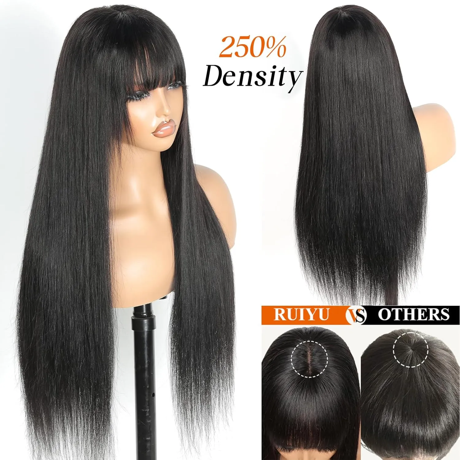 250 Density 2x4 HD Lace Front Wigs Human Hair Wigs with Bangs for Black Women Straight Wear and Go Glueless Lace Closure Wigs for Beginners 100% Brazilian Virgin Human Hair Middle Part 24 Inch
