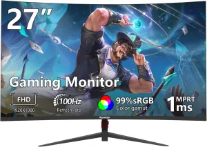 27 inch Curved Monitor 100Hz Computer MonitorFHD 1080p,HDR,99% sRGB,1800R,VESA Compatible,for Tablet,Desktop,Narrow Bezels on Three Sides, Blue Light Filter,Laptop and PC Work Gaming