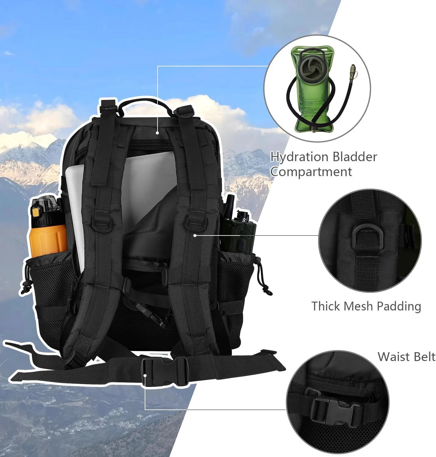 30L MOLLE Assault Pack, Tactical Backpack Military Army Camping Rucksack with Bottle Holder, 3-Day Pack, Black