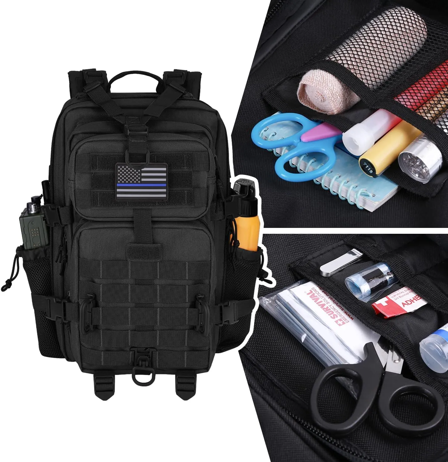 30L MOLLE Assault Pack, Tactical Backpack Military Army Camping Rucksack with Bottle Holder, 3-Day Pack, Black