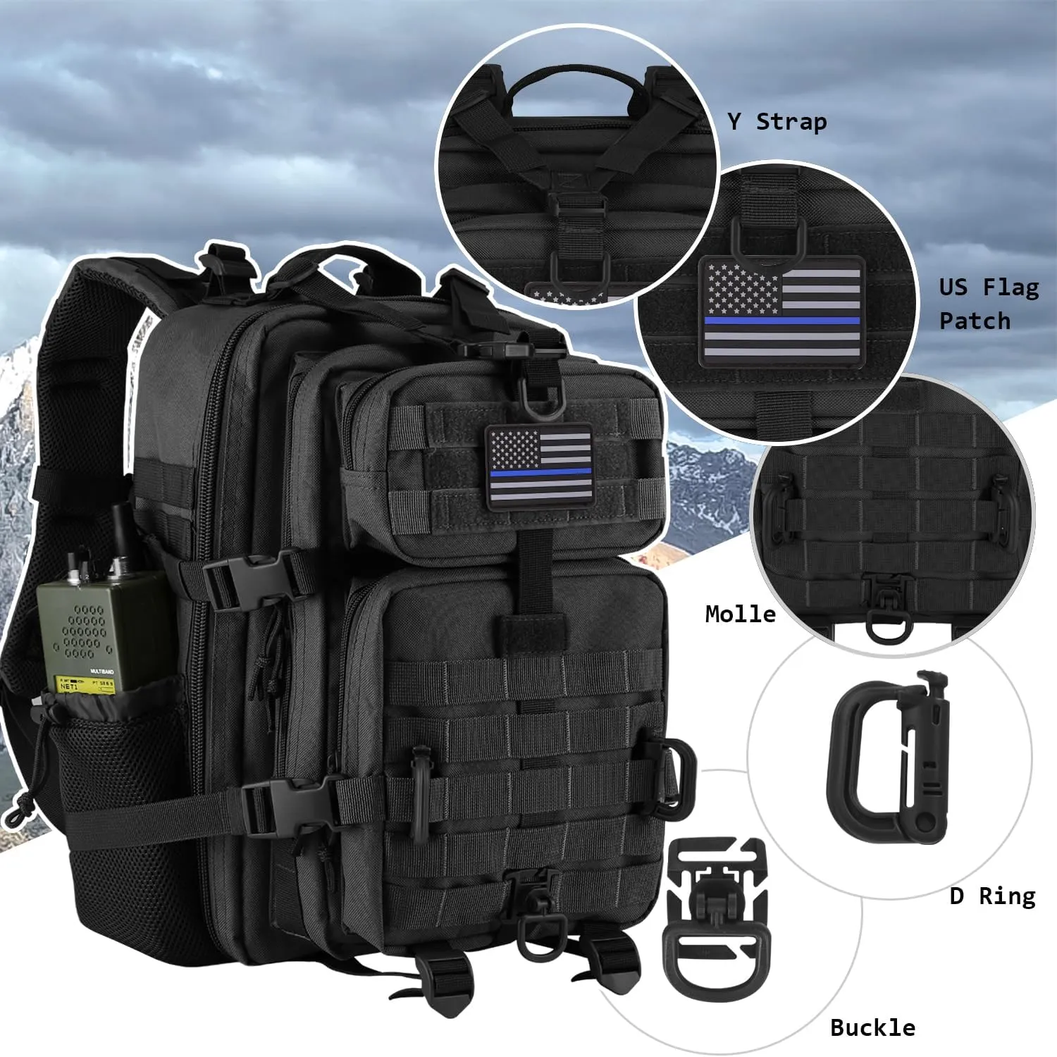 30L MOLLE Assault Pack, Tactical Backpack Military Army Camping Rucksack with Bottle Holder, 3-Day Pack, Black