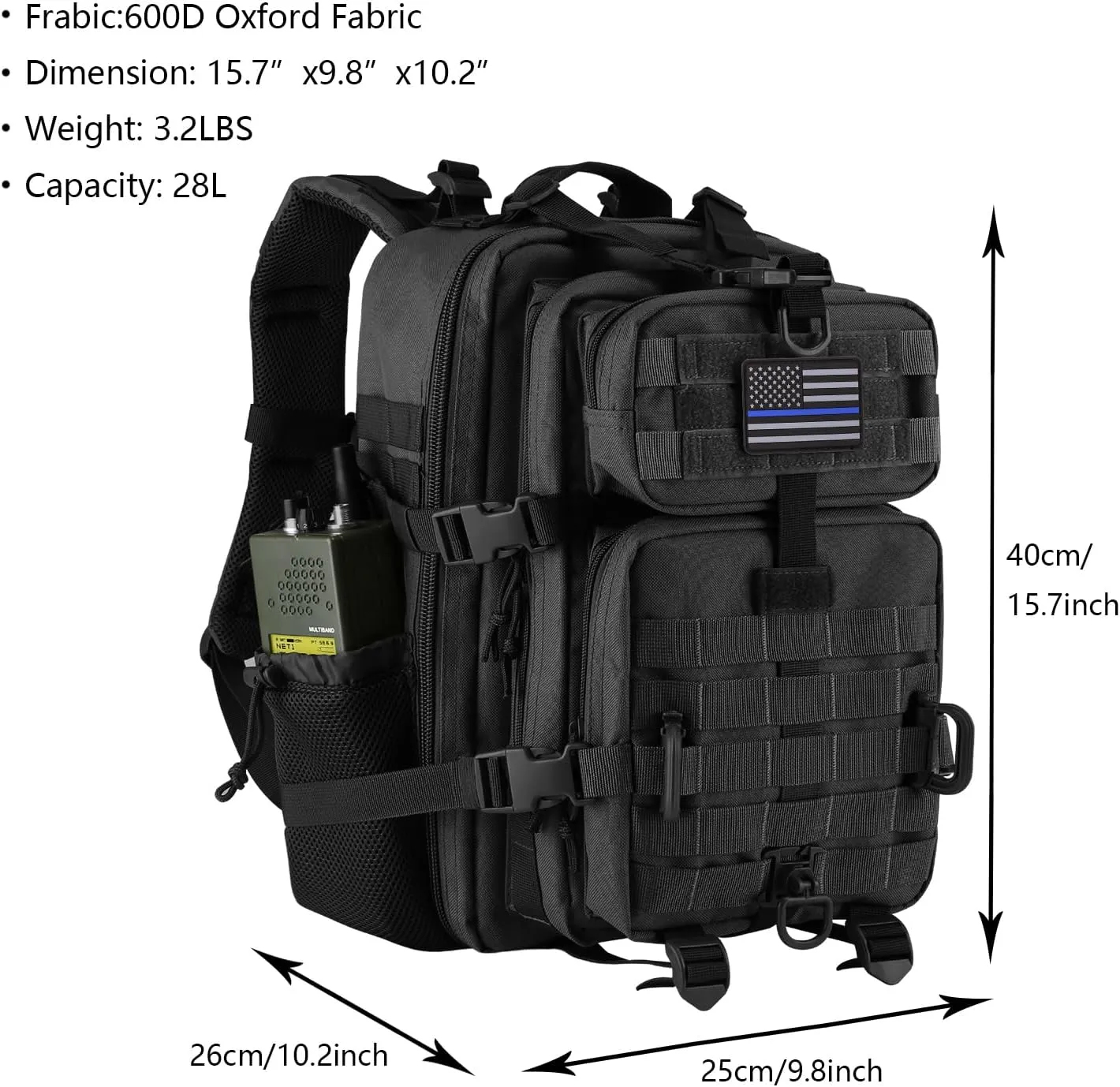 30L MOLLE Assault Pack, Tactical Backpack Military Army Camping Rucksack with Bottle Holder, 3-Day Pack, Black