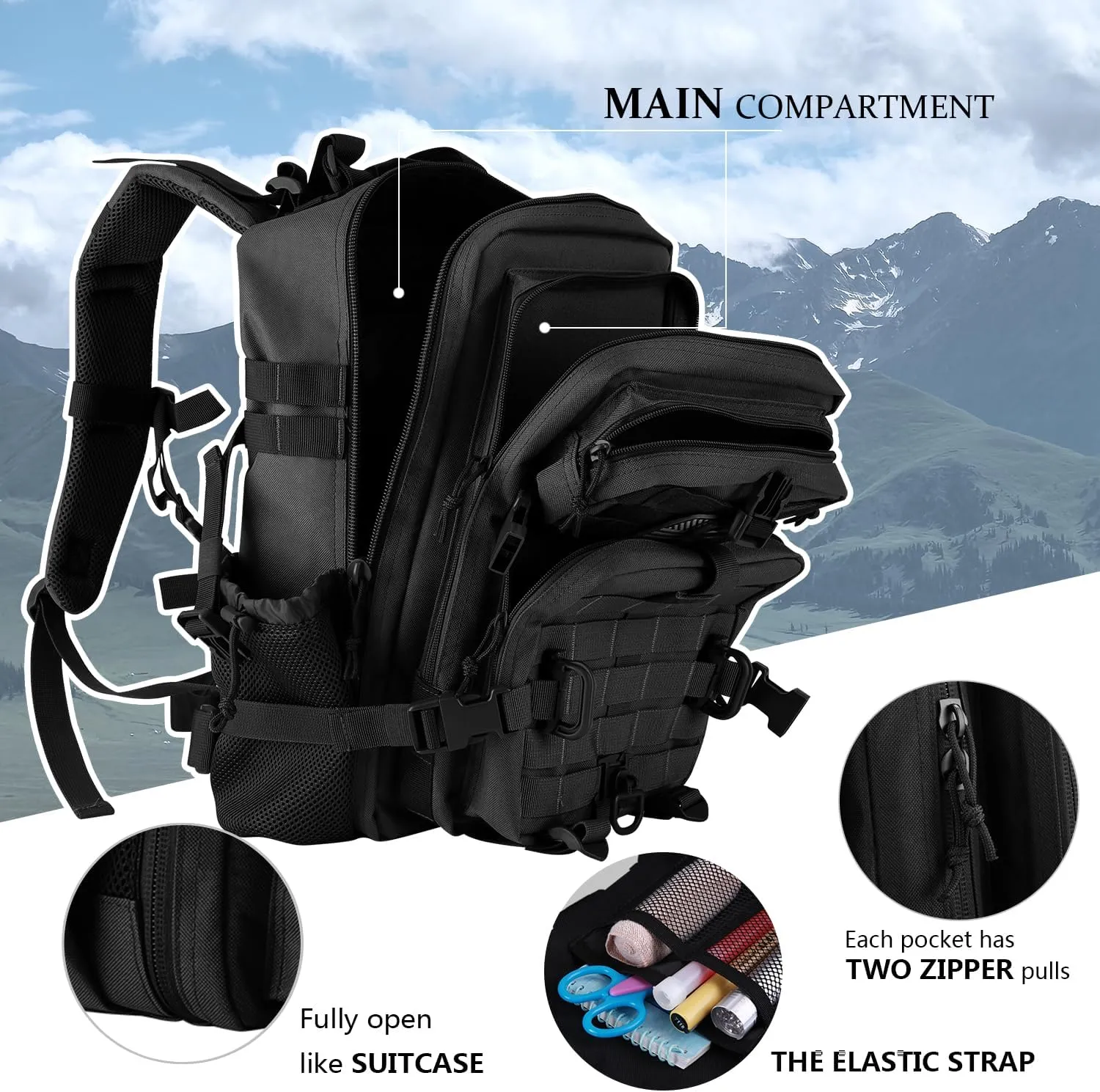 30L MOLLE Assault Pack, Tactical Backpack Military Army Camping Rucksack with Bottle Holder, 3-Day Pack, Black