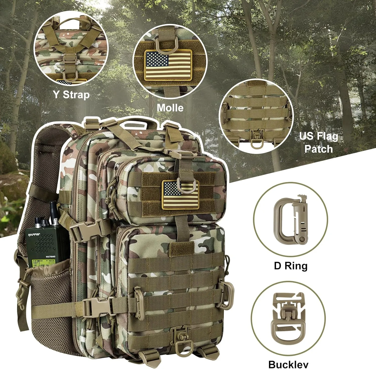 30L MOLLE Assault Pack, Tactical Backpack Military Army Camping Rucksack with Bottle Holder, 3-Day Pack, CP