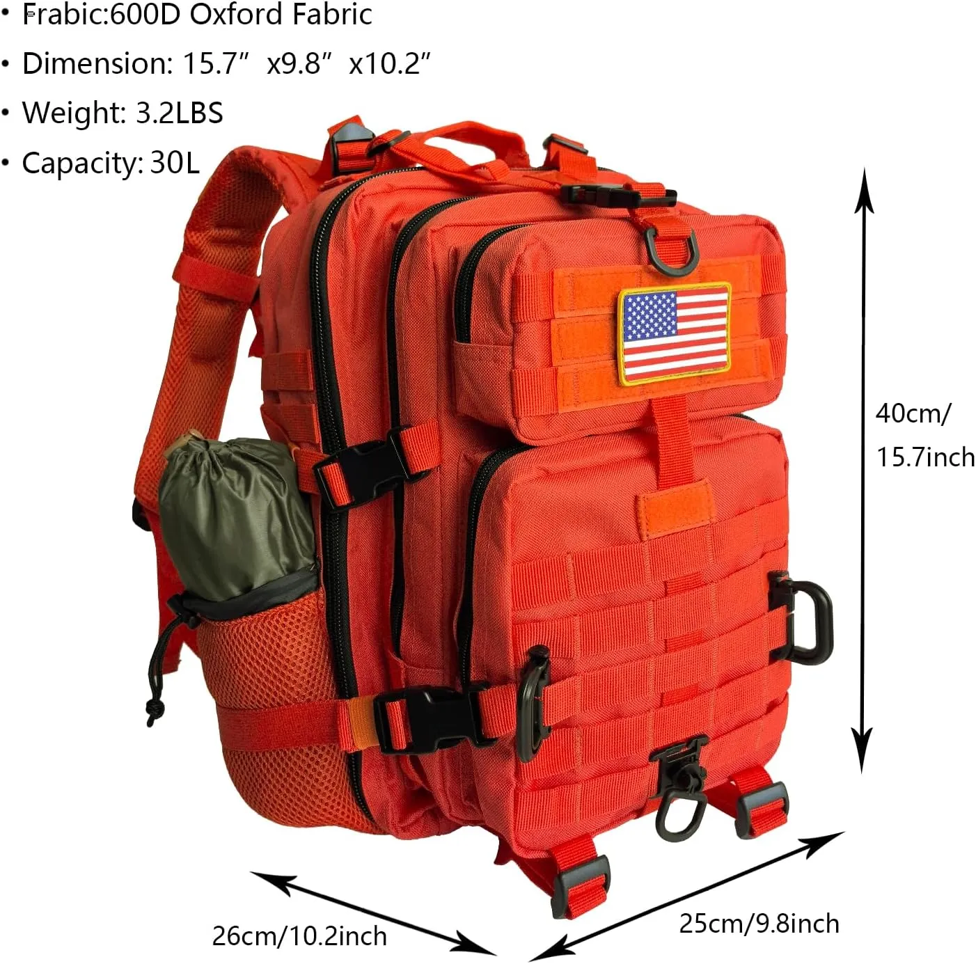 30L MOLLE Assault Pack, Tactical Backpack Military Army Camping Rucksack with Bottle Holder, 3-Day Pack, Orange