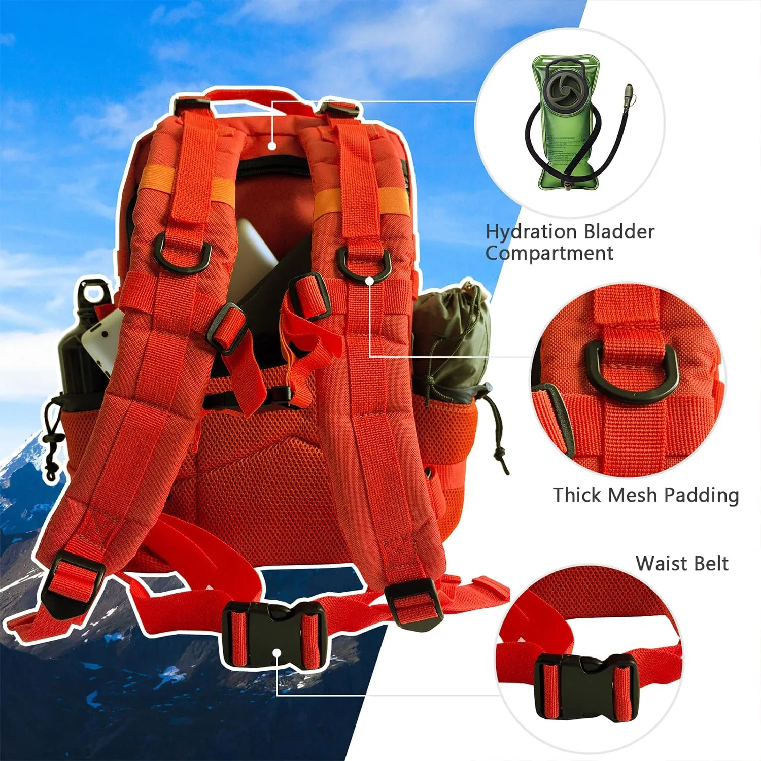 30L MOLLE Assault Pack, Tactical Backpack Military Army Camping Rucksack with Bottle Holder, 3-Day Pack, Orange