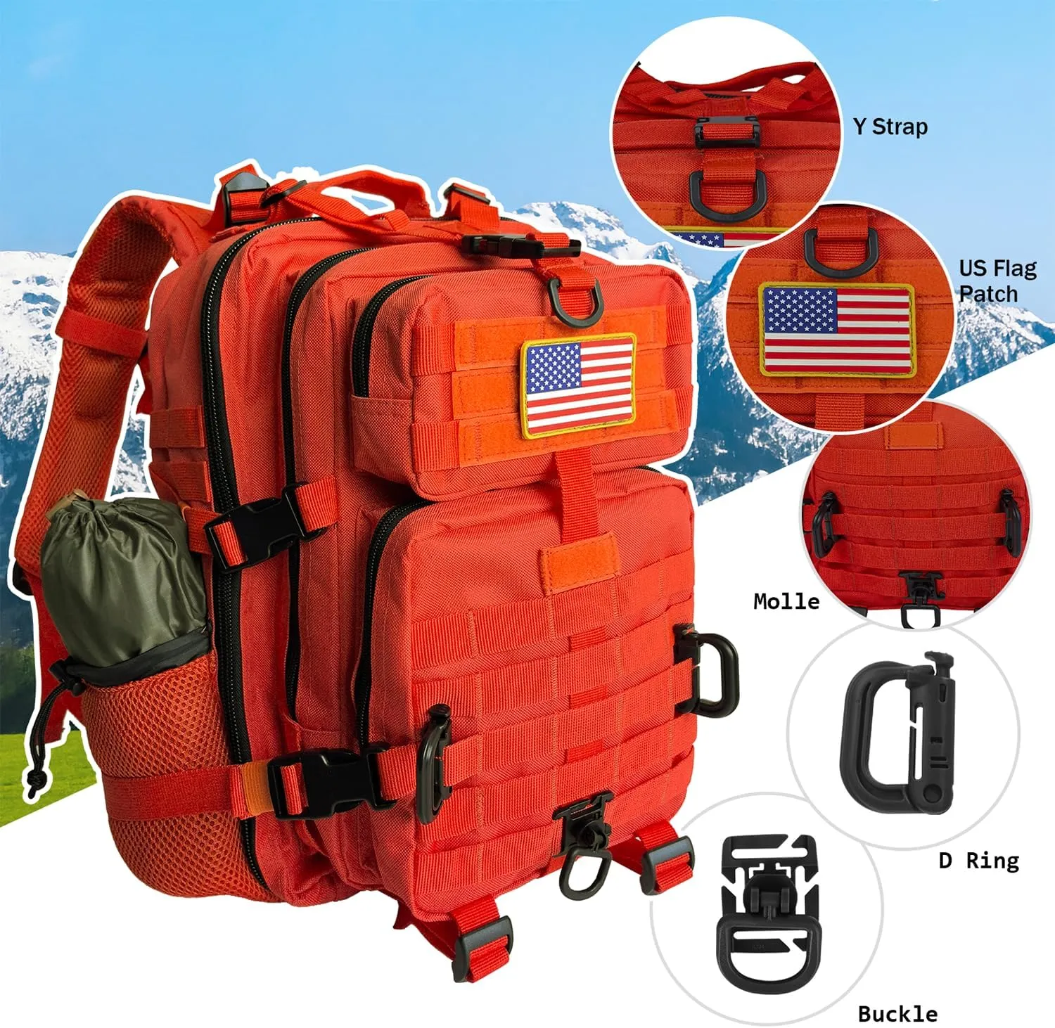 30L MOLLE Assault Pack, Tactical Backpack Military Army Camping Rucksack with Bottle Holder, 3-Day Pack, Orange