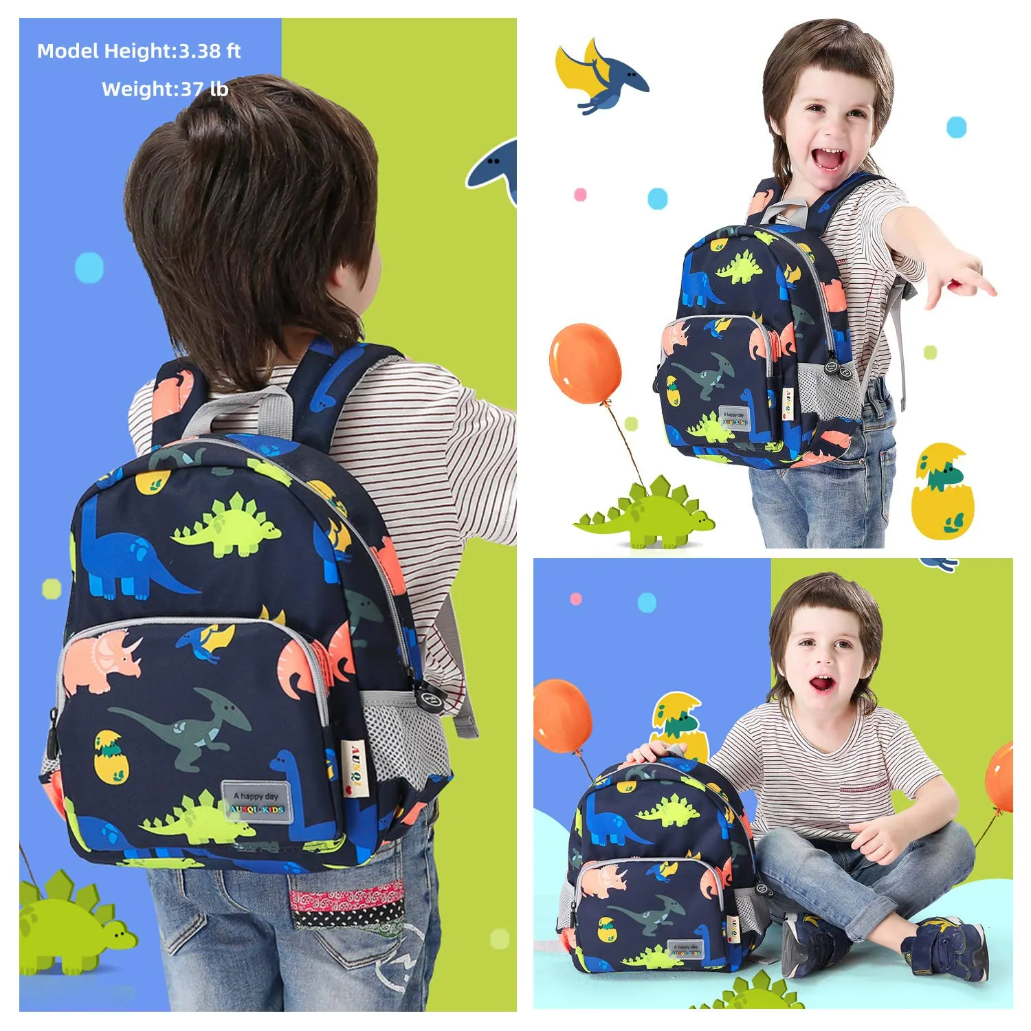 3D Dinosaur Backpack Toddler Backpacks for Boys and Girls Kids Backpack Waterproof Preschool Safety Harness Leash (Deep Blue)