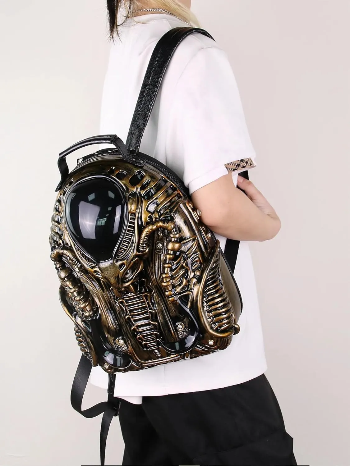 3D Xenomorph Shaped Backpack Steam Punk for Men Women Y2K Personality Travel Handbag PVC Unique Novelty Alien Purse (gold)