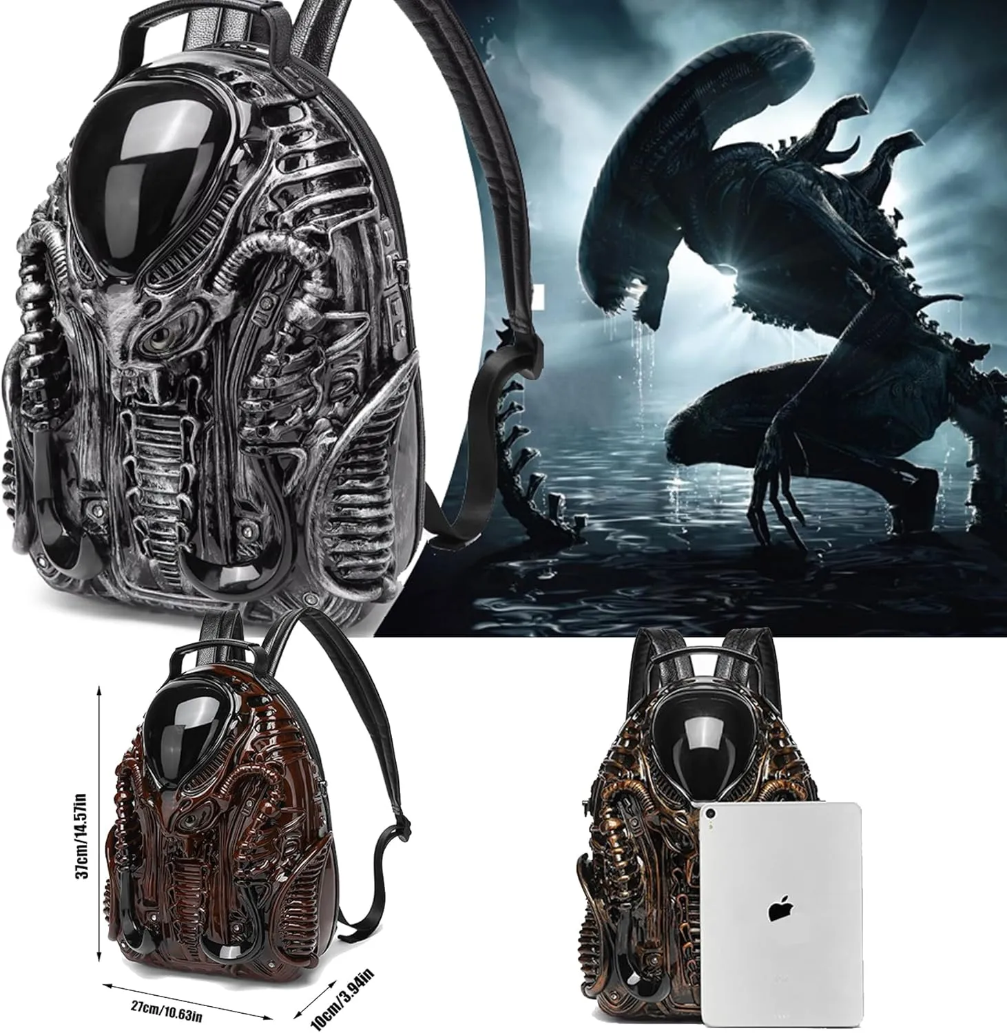 3D Xenomorph Shaped Backpack Steam Punk for Men Women Y2K Personality Travel Handbag PVC Unique Novelty Alien Purse (gold)