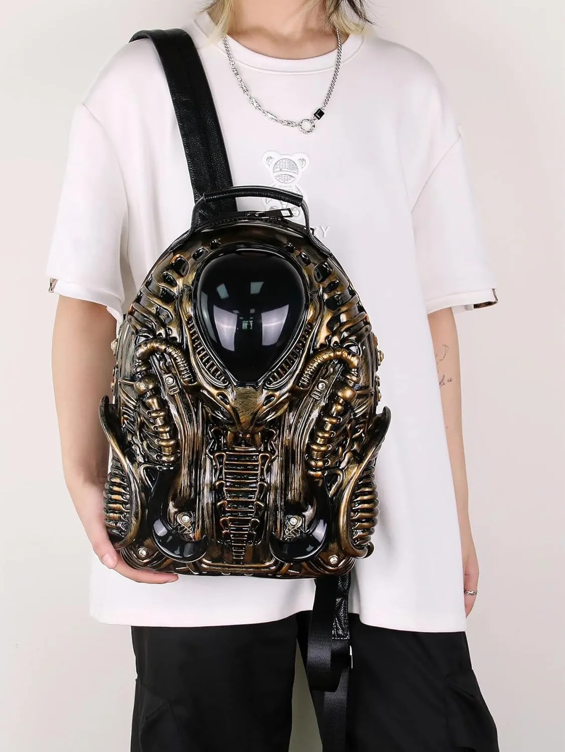 3D Xenomorph Shaped Backpack Steam Punk for Men Women Y2K Personality Travel Handbag PVC Unique Novelty Alien Purse (gold)