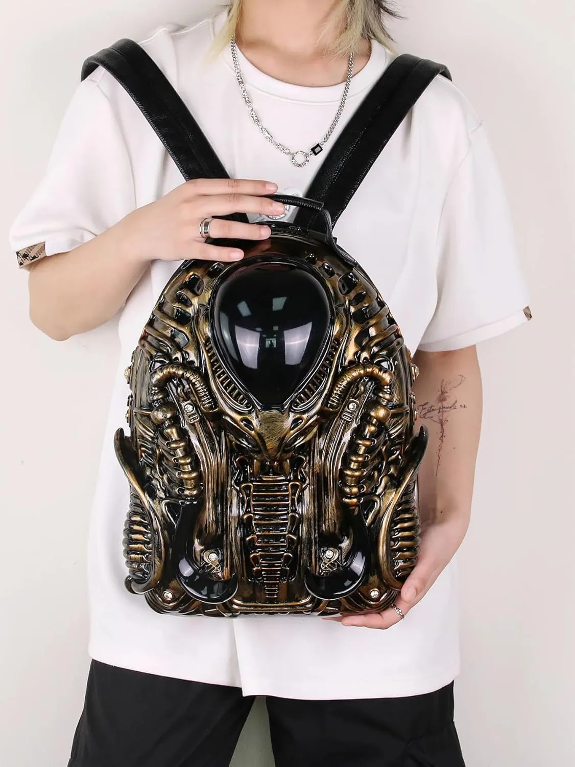 3D Xenomorph Shaped Backpack Steam Punk for Men Women Y2K Personality Travel Handbag PVC Unique Novelty Alien Purse (gold)