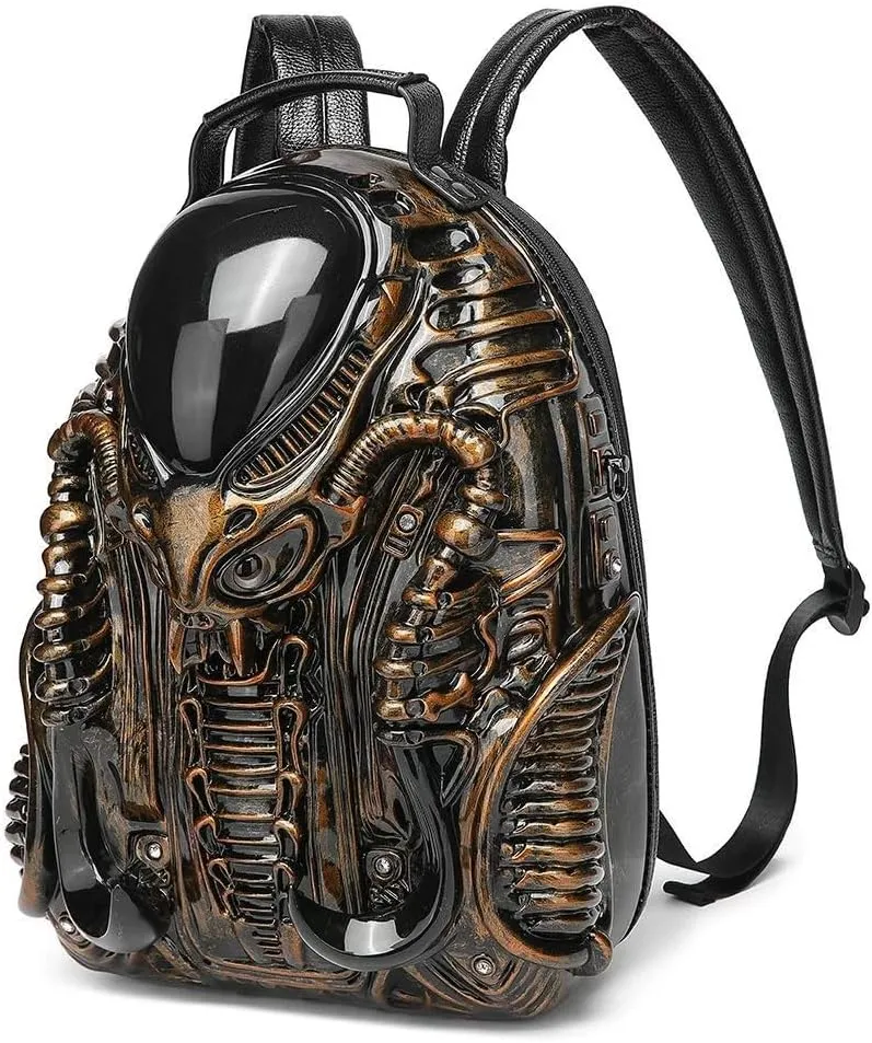 3D Xenomorph Shaped Backpack Steam Punk for Men Women Y2K Personality Travel Handbag PVC Unique Novelty Alien Purse (gold)