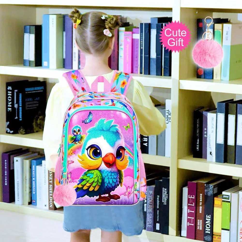 3PCS Backpack for Girls, 16'' Kids Parrot Preschool Bookbag Set, Cute Animal Water Resistant School Backpacks Set for Elementary Kindergarten Teen Travel
