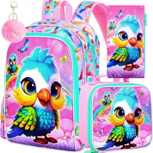 3PCS Backpack for Girls, 16'' Kids Parrot Preschool Bookbag Set, Cute Animal Water Resistant School Backpacks Set for Elementary Kindergarten Teen Travel