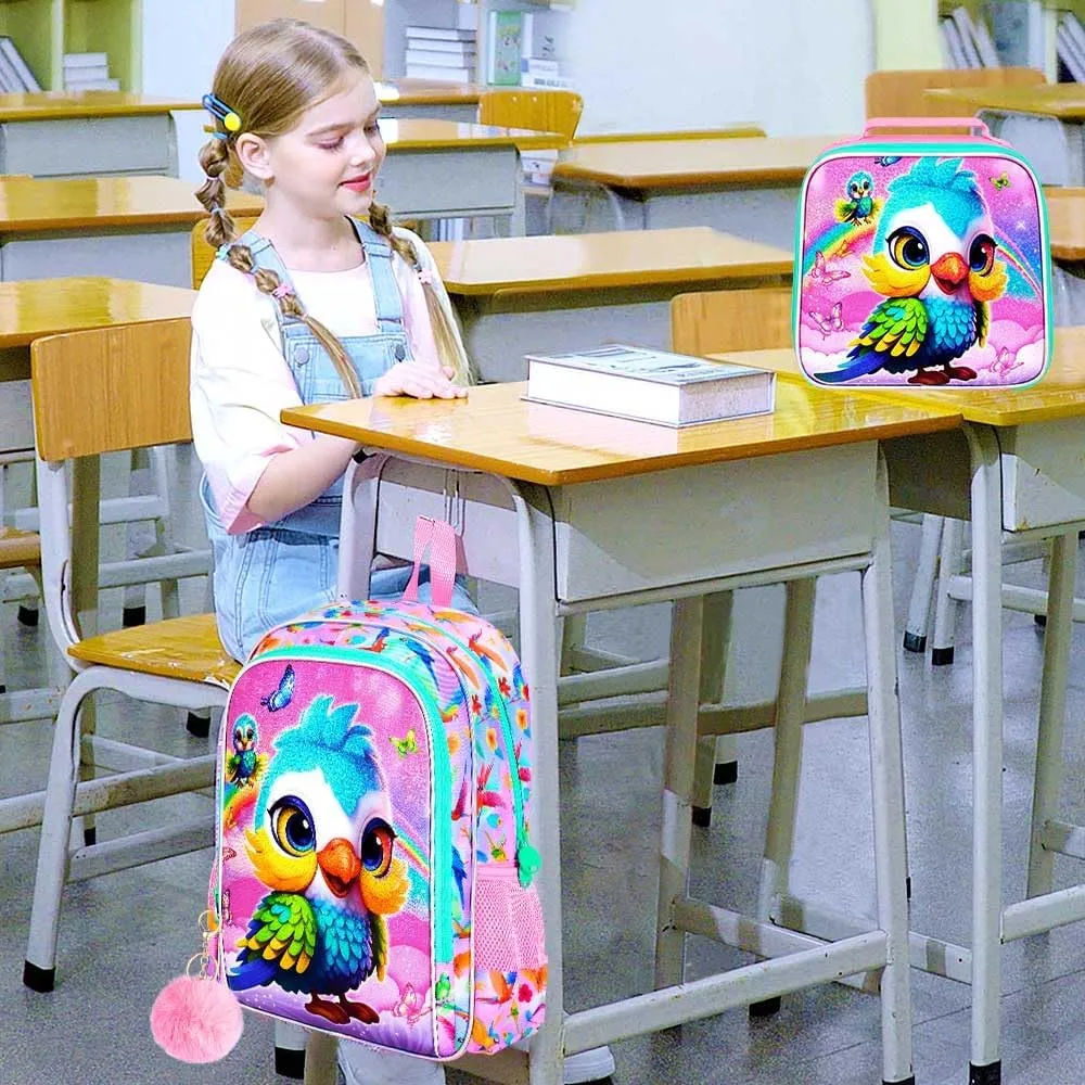 3PCS Backpack for Girls, 16'' Kids Parrot Preschool Bookbag Set, Cute Animal Water Resistant School Backpacks Set for Elementary Kindergarten Teen Travel