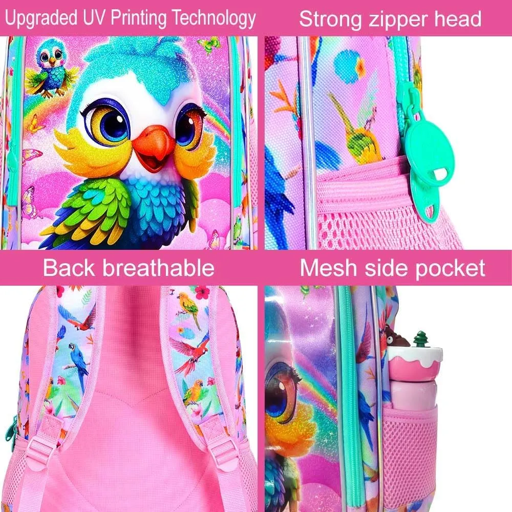 3PCS Backpack for Girls, 16'' Kids Parrot Preschool Bookbag Set, Cute Animal Water Resistant School Backpacks Set for Elementary Kindergarten Teen Travel