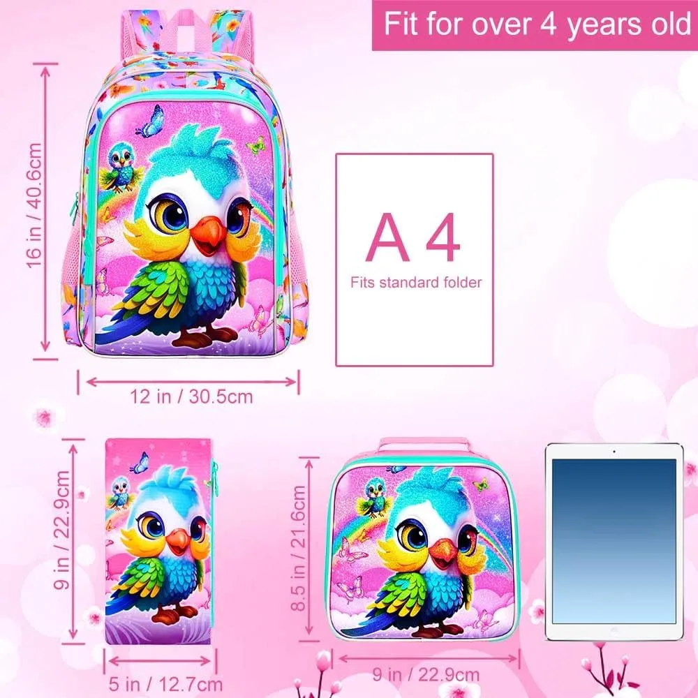 3PCS Backpack for Girls, 16'' Kids Parrot Preschool Bookbag Set, Cute Animal Water Resistant School Backpacks Set for Elementary Kindergarten Teen Travel
