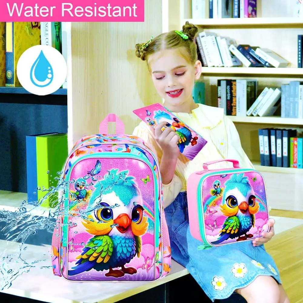 3PCS Backpack for Girls, 16'' Kids Parrot Preschool Bookbag Set, Cute Animal Water Resistant School Backpacks Set for Elementary Kindergarten Teen Travel