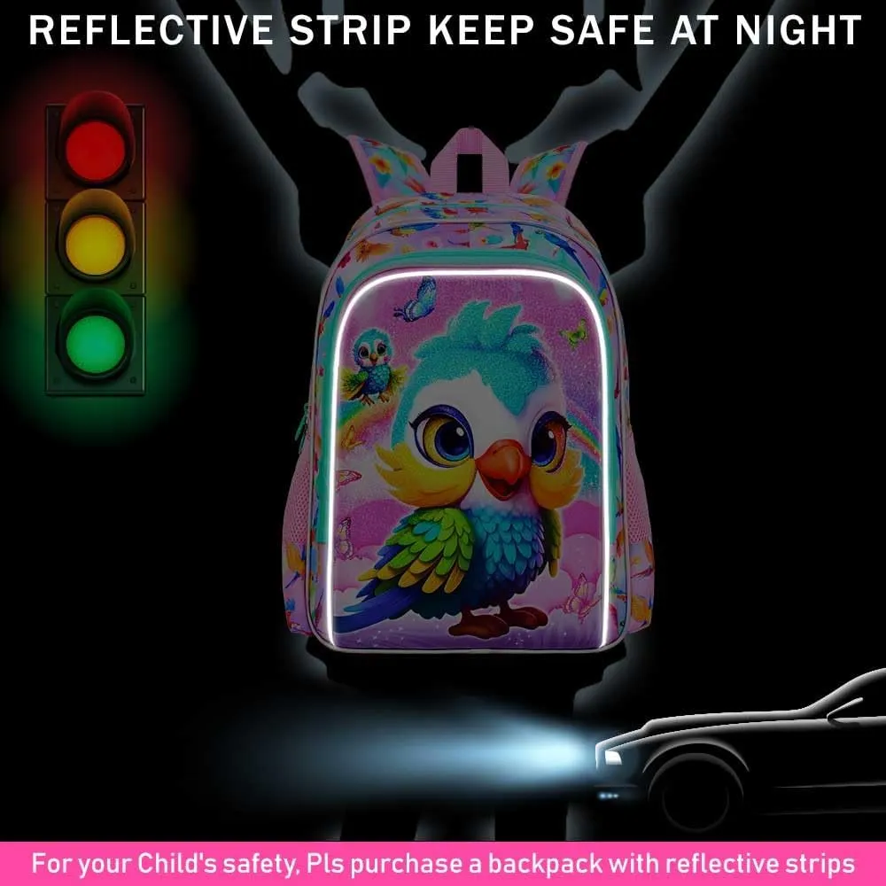 3PCS Backpack for Girls, 16'' Kids Parrot Preschool Bookbag Set, Cute Animal Water Resistant School Backpacks Set for Elementary Kindergarten Teen Travel