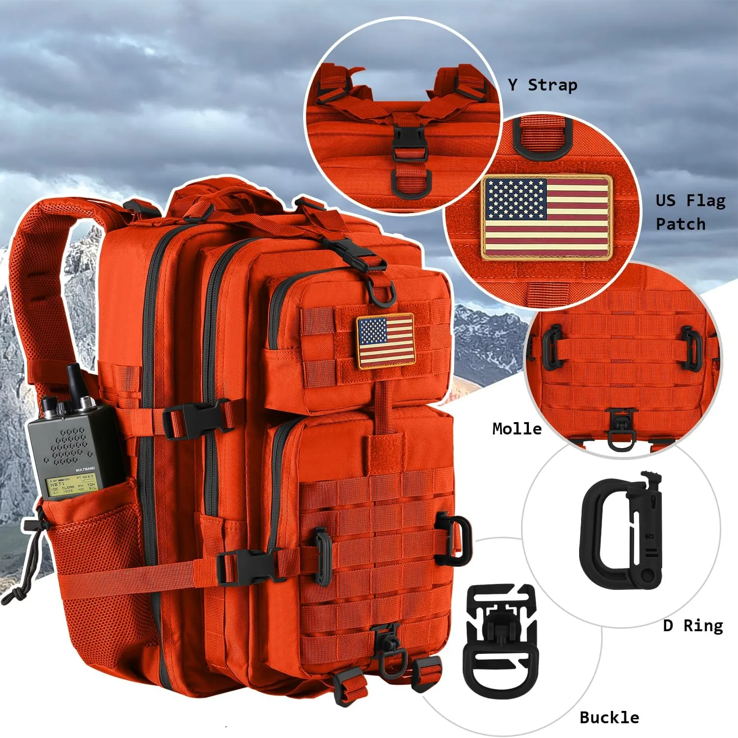 45L MOLLE Assault Pack, Tactical Backpack Military Army Camping Rucksack with Bottle Holder, 3-Day Pack Trip w/USA Flag Patch, D-Rings, Orange