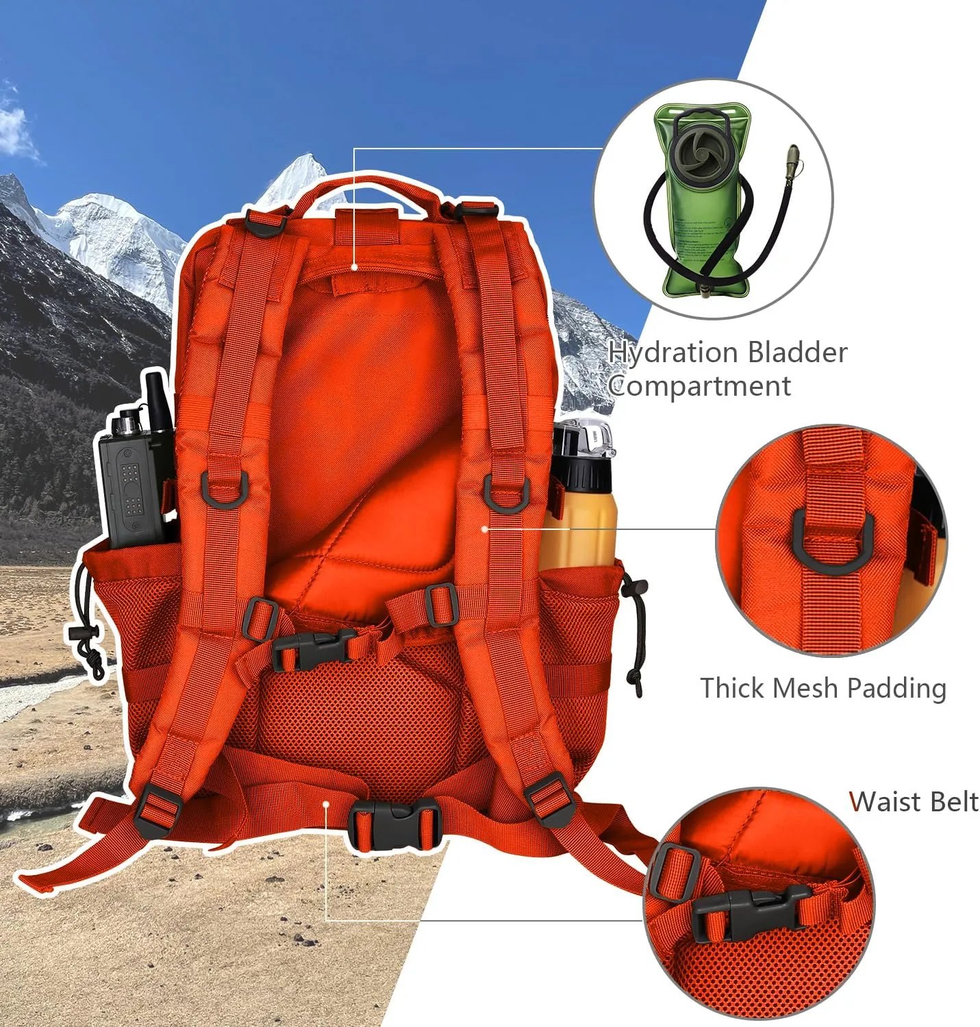 45L MOLLE Assault Pack, Tactical Backpack Military Army Camping Rucksack with Bottle Holder, 3-Day Pack Trip w/USA Flag Patch, D-Rings, Orange