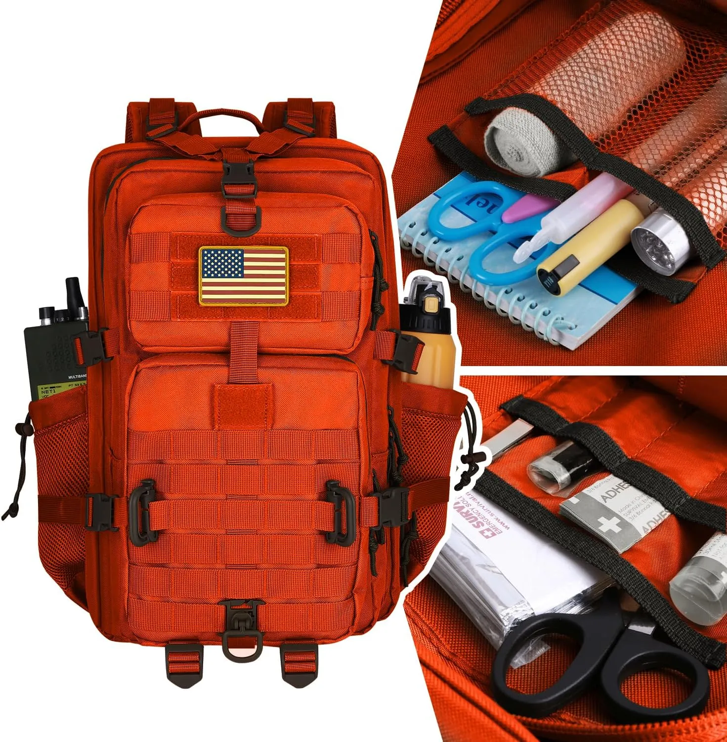 45L MOLLE Assault Pack, Tactical Backpack Military Army Camping Rucksack with Bottle Holder, 3-Day Pack Trip w/USA Flag Patch, D-Rings, Orange